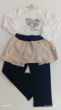 Completo Chicco 2 pz con maglia bianca, gonnellina a pois e leggings