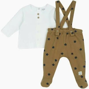 Completino neonato maglia bianca e pantalone con bretelle a stelle